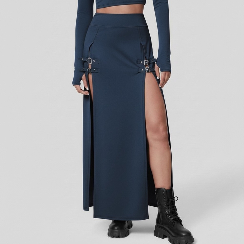Halara High Waisted Decorative Buckle Split 2-in-1 Maxi Casual Skirt BLUE**